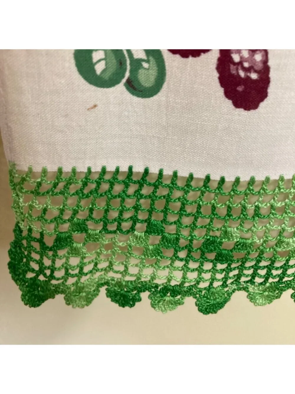 Vintage Table Runner Floral Fruit Crocheted Trim Green Purple Dresser Flaws